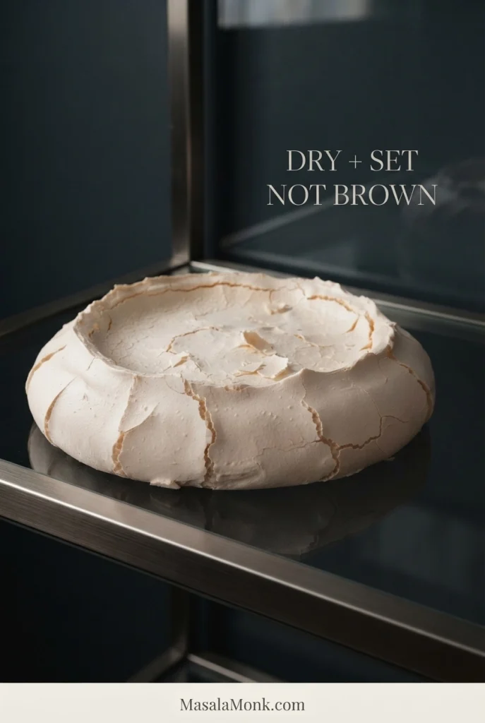 Bare untopped Pavlova with a pale matte shell, shallow central well and natural cracks, with text reading “Dry + Set, Not Brown.”