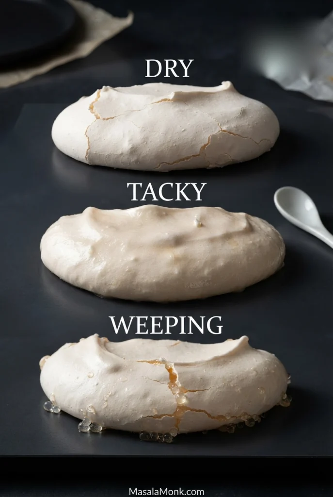 Three Pavlova examples labelled dry, tacky and weeping, with visible syrup beads on the weeping example.