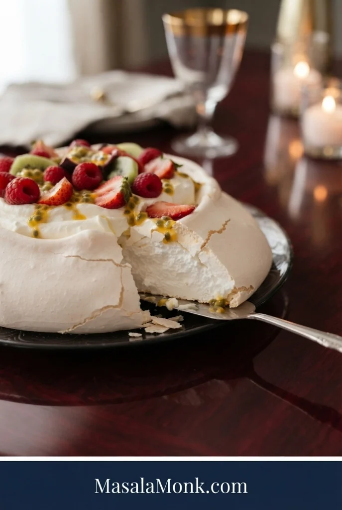 Cut Pavlova showing a thin brittle outer shell around a deeper soft, opaque white center beneath cream and fruit.