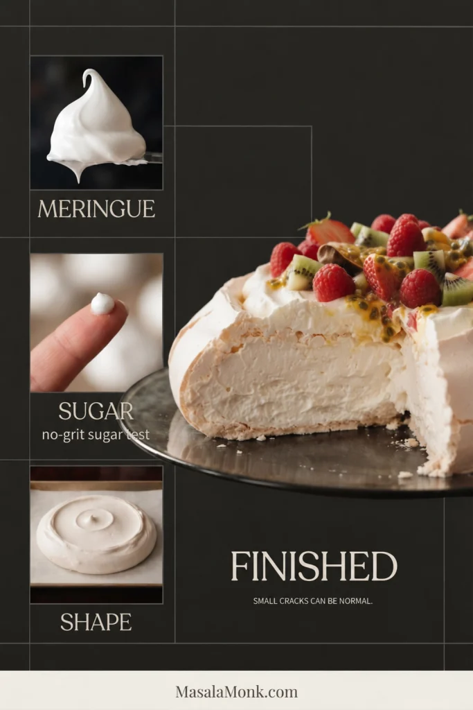 Four-part Pavlova guide showing glossy meringue, a fingertip sugar check, a shaped raw mound and a cut finished Pavlova.