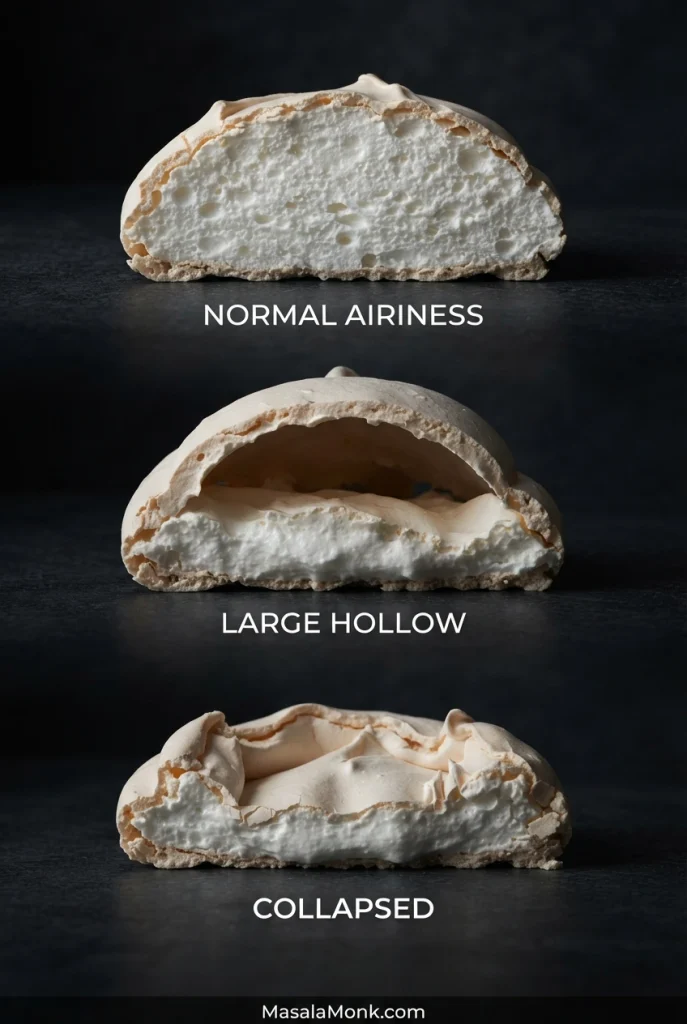 Three cut Pavlovas showing normal irregular air pockets, a large hollow beneath the shell and a visibly collapsed structure.