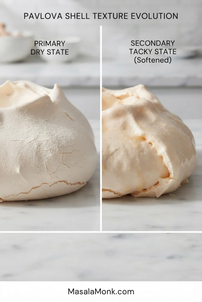 Side-by-side Pavlova shells comparing a dry matte surface with a shinier, humidity-softened tacky surface.