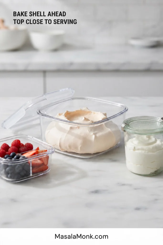 Bare Pavlova shell in a clear storage container beside separate containers of fresh berries and whipped cream.
