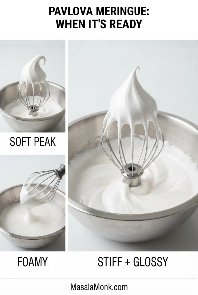 Three Pavlova meringue stages showing foamy egg whites, a bending soft peak and a smooth glossy stiff peak.