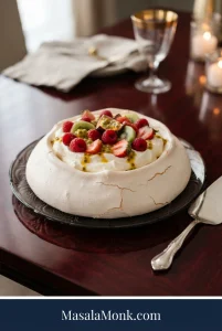 Whole round Pavlova with a pale cracked shell, whipped cream, raspberries, strawberries, kiwi and passion fruit on a dark glossy set.