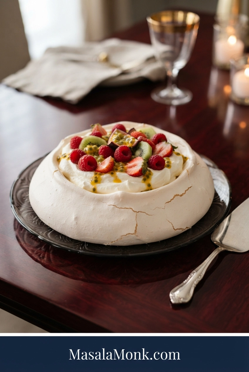 Whole round Pavlova with a pale cracked shell, whipped cream, raspberries, strawberries, kiwi and passion fruit on a dark glossy set.