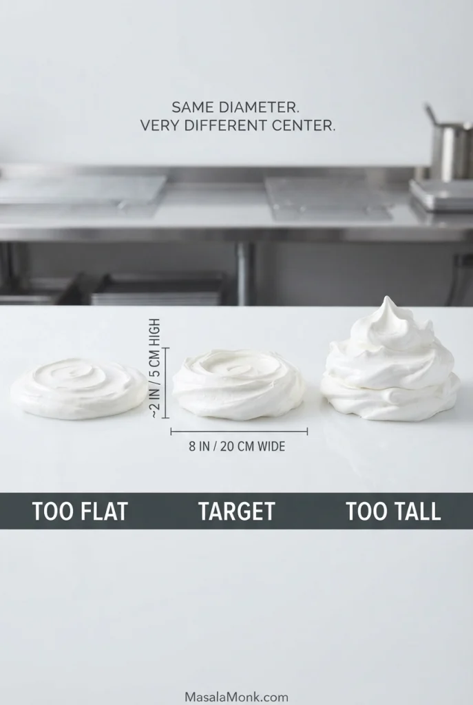 Three raw Pavlova profiles labelled too flat, target and too tall, with the target about 8 inches wide and 2 inches high.
