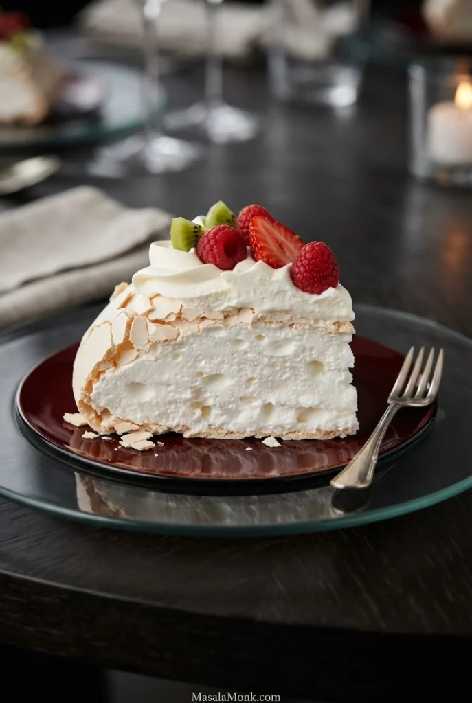 Plated Pavlova slice with a flaky crisp shell, soft white center, whipped cream, raspberries, strawberry and kiwi.