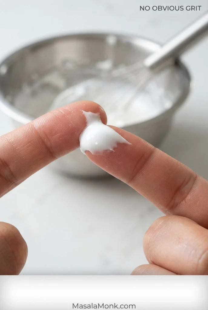 Close-up of two fingertips rubbing a small dab of white meringue to check for undissolved sugar grit.