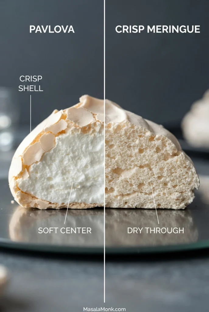 Side-by-side cutaway of Pavlova and crisp meringue, showing the Pavlova’s soft white center beside the drier meringue interior.