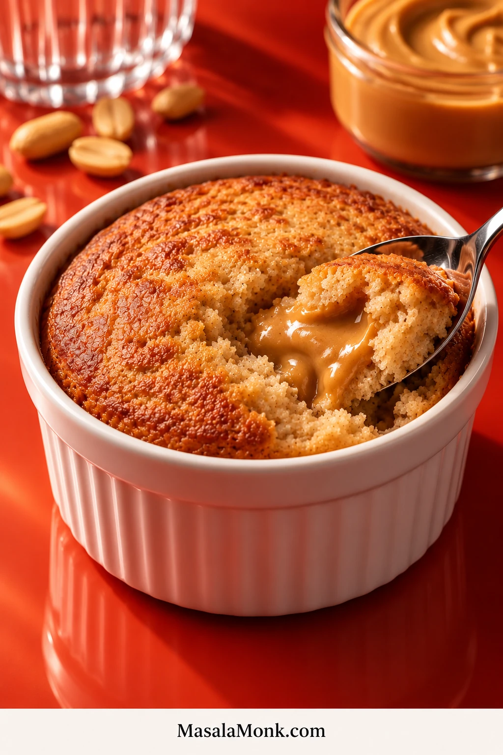 Peanut butter baked oats in a white ramekin on an orange-red set, with a spoon revealing a small creamy peanut-butter center.