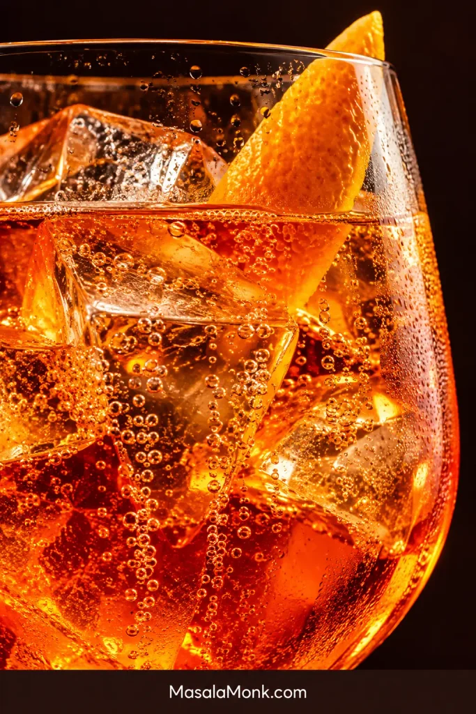 Close-up of an Aperol Spritz with streams of tiny bubbles around angular ice cubes, orange peel near the rim and fine condensation on the glass.