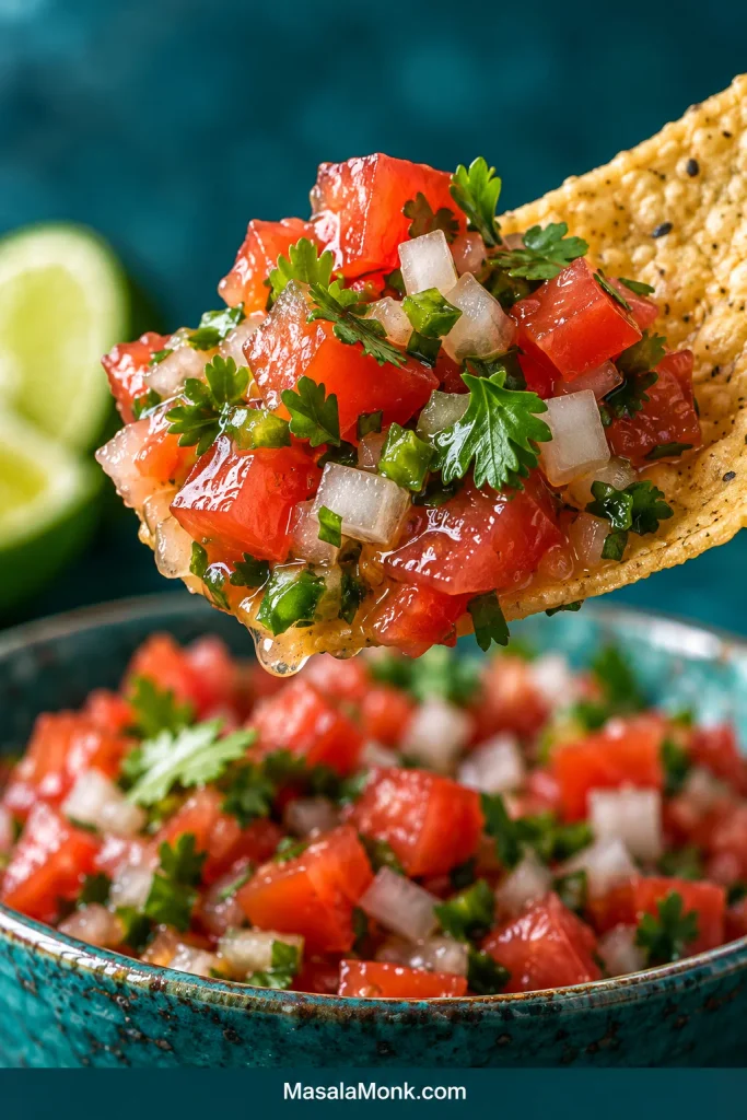 Close-up tortilla chip topped with diced tomato, fine white onion, green chile and cilantro from pico de gallo.