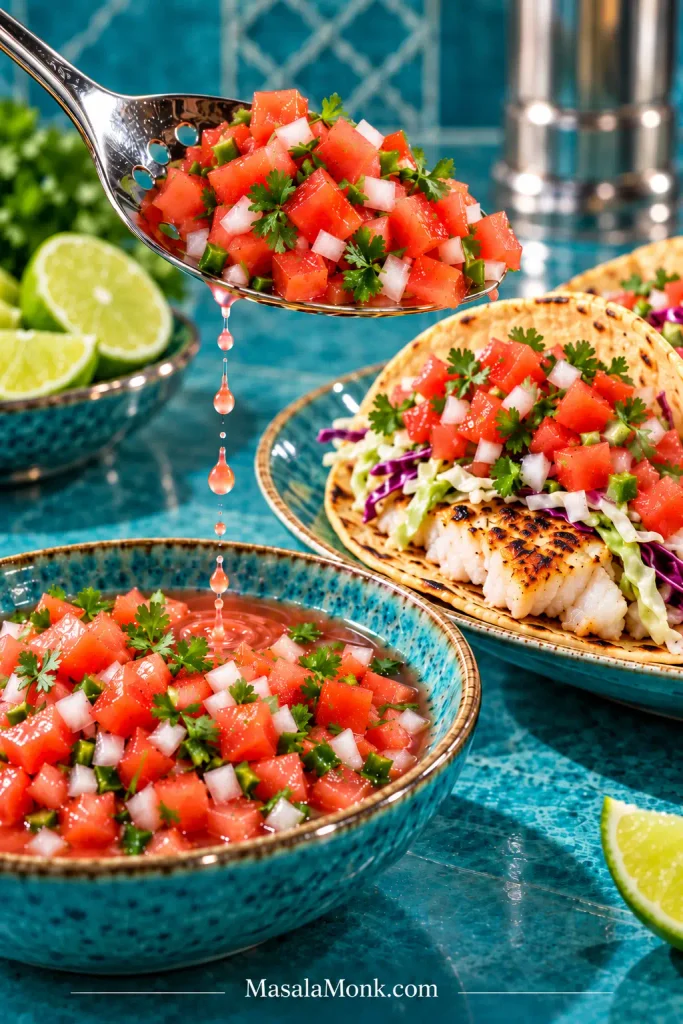 Slotted spoon holding pico de gallo above a bowl as tomato-lime juice drips back, beside a fish taco.
