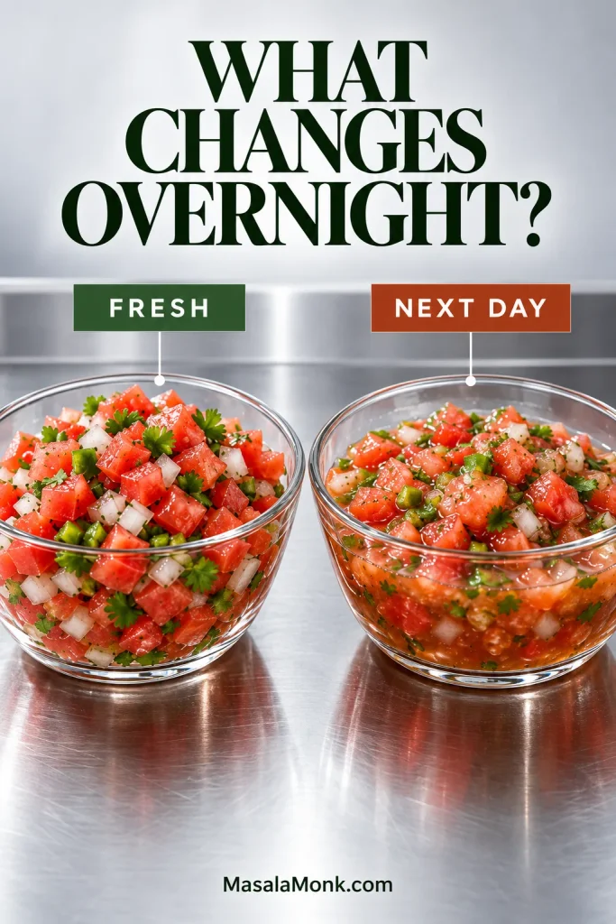 Two clear glass bowls compare crisp fresh pico de gallo with softer, wetter next-day pico.