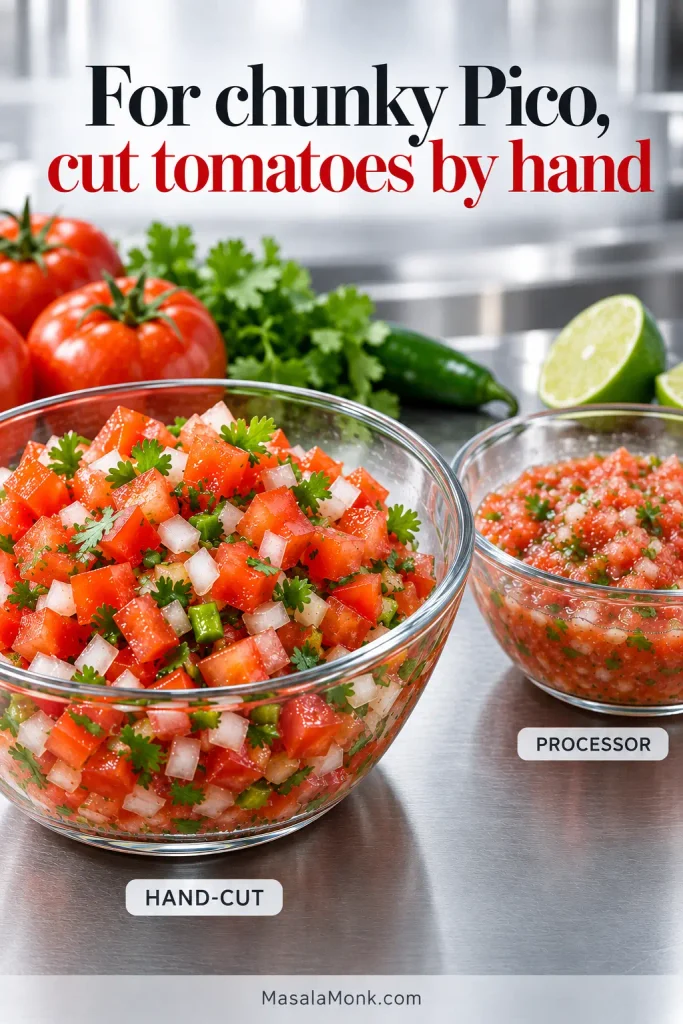 Hand-cut chunky pico de gallo compared with a softer, wetter processor-chopped version.