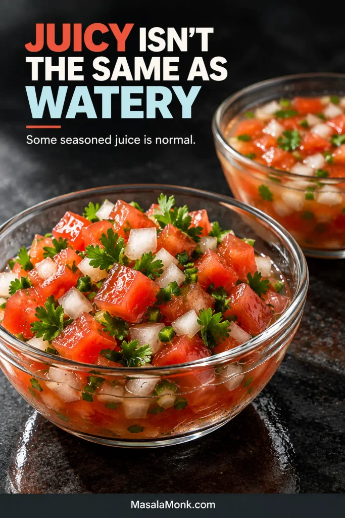 Two bowls compare pico de gallo with a small amount of seasoned juice and a wetter version surrounded by excess pooled liquid.