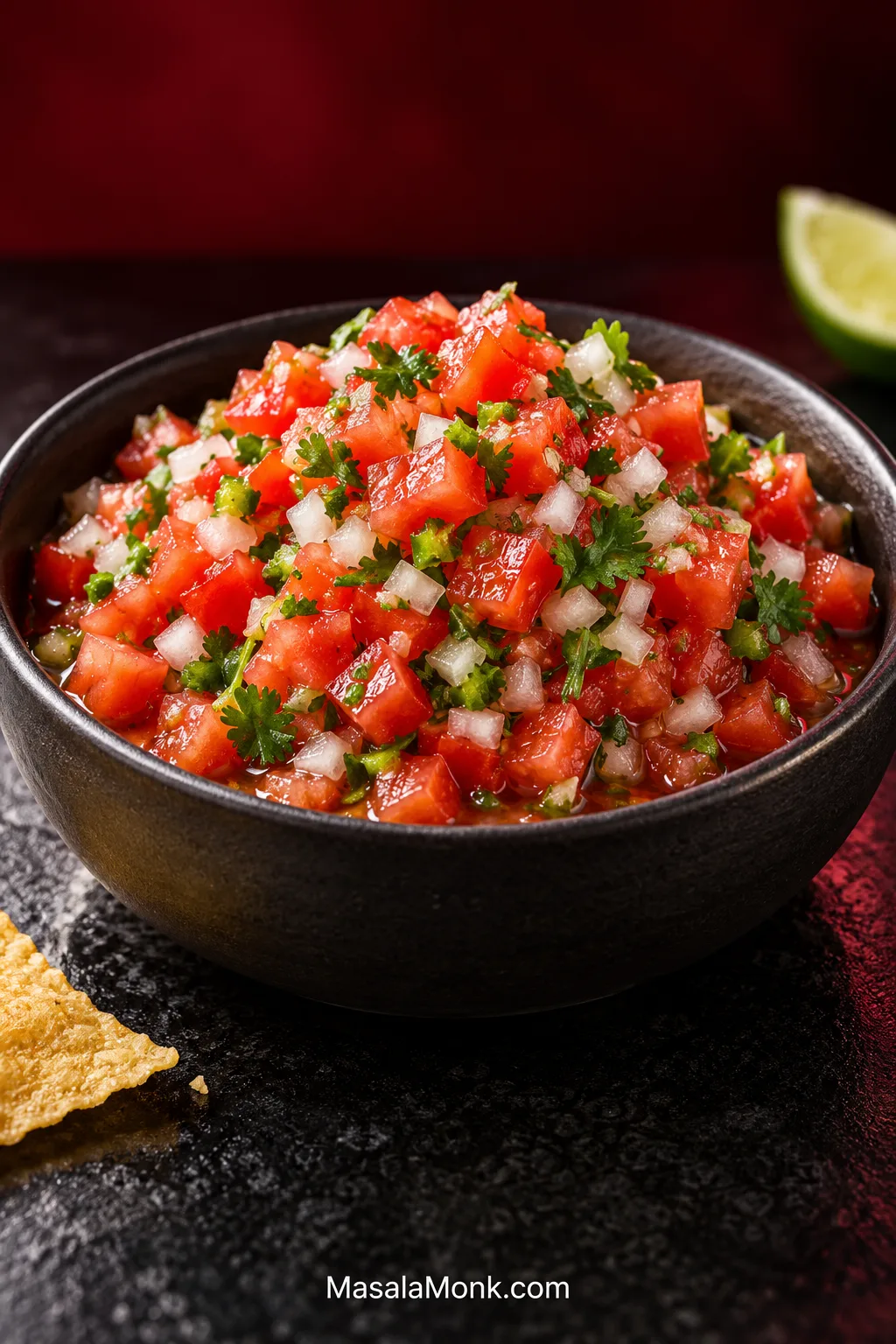 Black bowl filled with diced red tomato, fine white onion, green chile and cilantro, with a small amount of tomato-lime juice underneath.