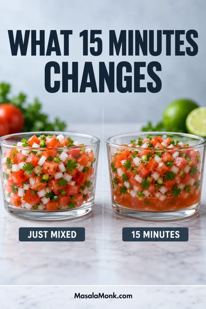 Two clear bowls compare just-mixed pico de gallo with pico after 15 minutes, with more pink-red juice visible in the rested bowl.