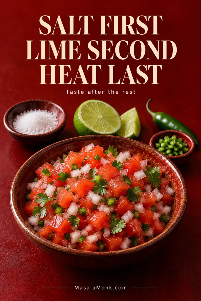 Pico de gallo with fine sea salt, fresh lime and serrano arranged to illustrate salt first, lime second and heat last.