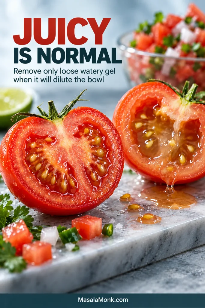 Halved tomatoes comparing a normal gel-filled seed cavity with one containing loose watery liquid.