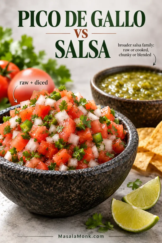 Chunky red pico de gallo beside a smoother green salsa, showing the difference in texture.