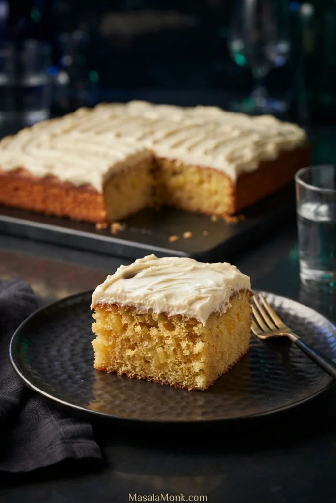 Close-up slice of golden pineapple cake with small pineapple pieces, tender crumb and a thick layer of white cream cheese frosting.