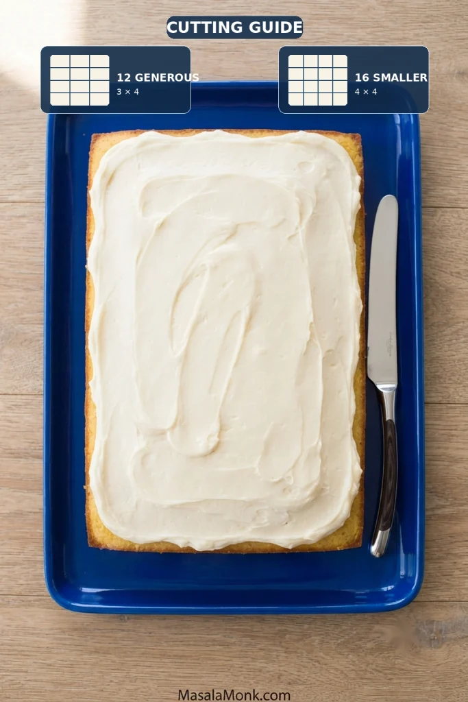Overhead pineapple sheet cake with cutting guides showing 12 larger portions and 16 smaller square portions.