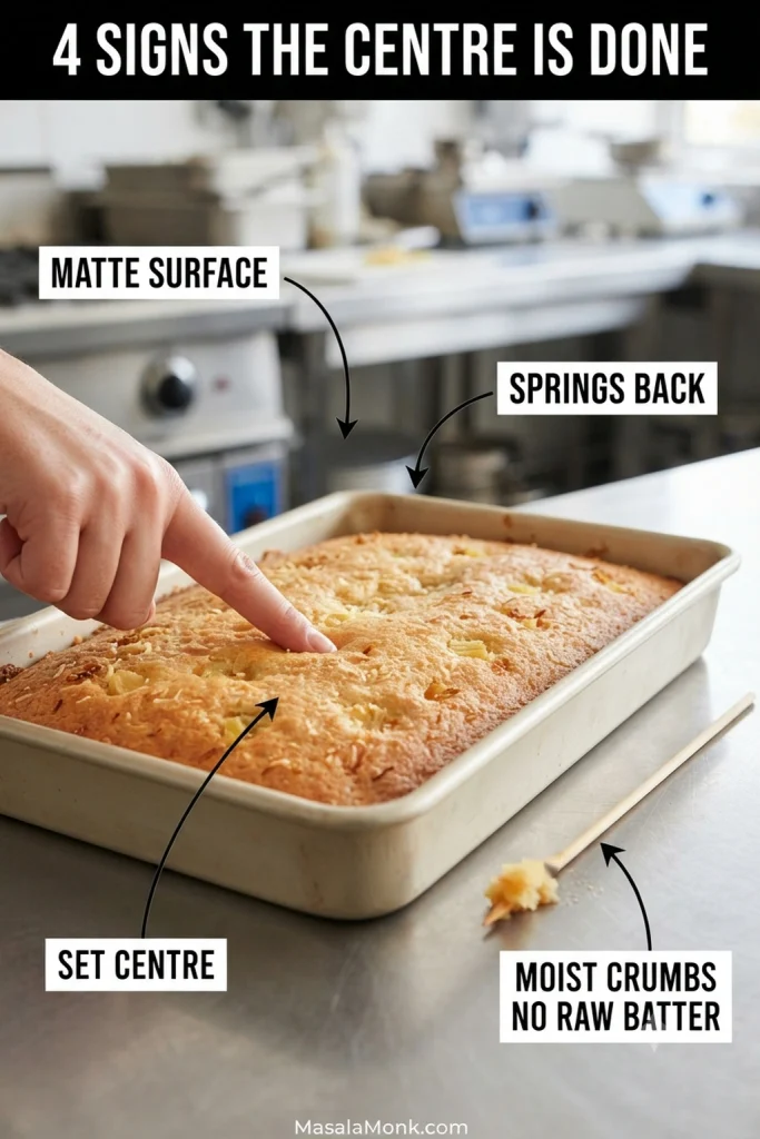 Pineapple sheet cake doneness guide showing a set centre, finger spring-back and a cake tester with moist baked crumbs.