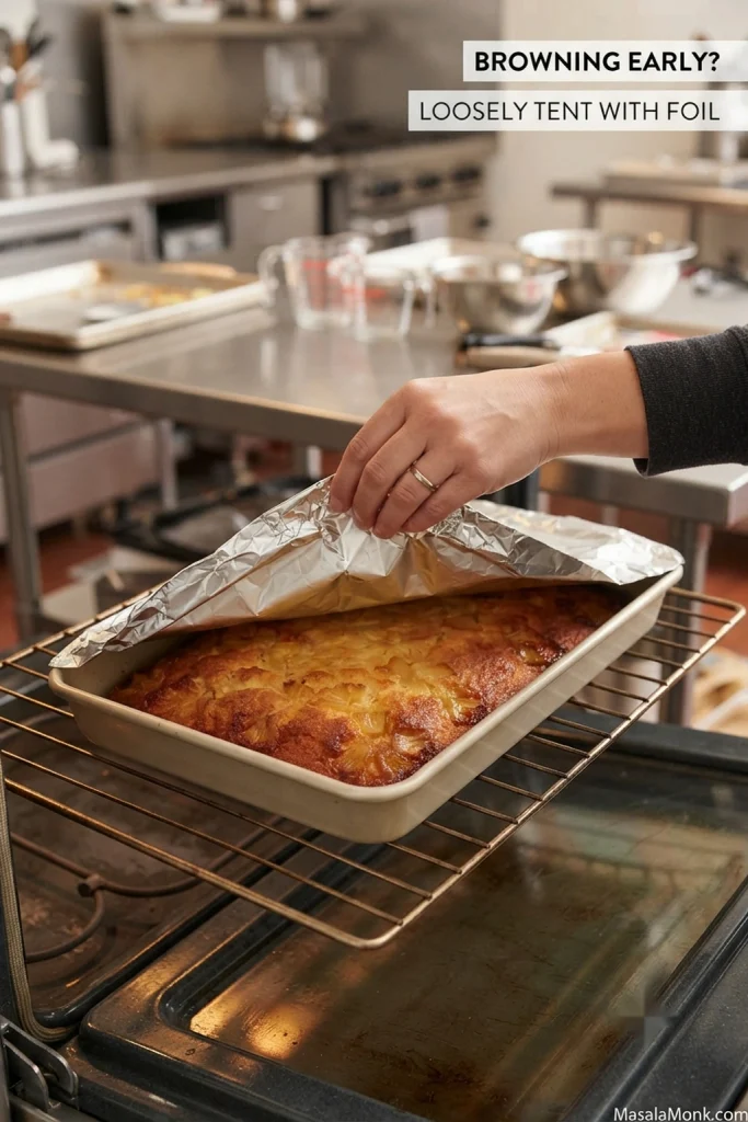 Sheet cake in a metal pan being loosely covered with aluminum foil so the centre can continue baking without over-browning the top.