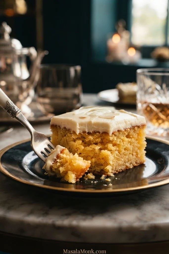 Fork cutting through a frosted slice of golden pineapple cake while the tender crumb remains intact.