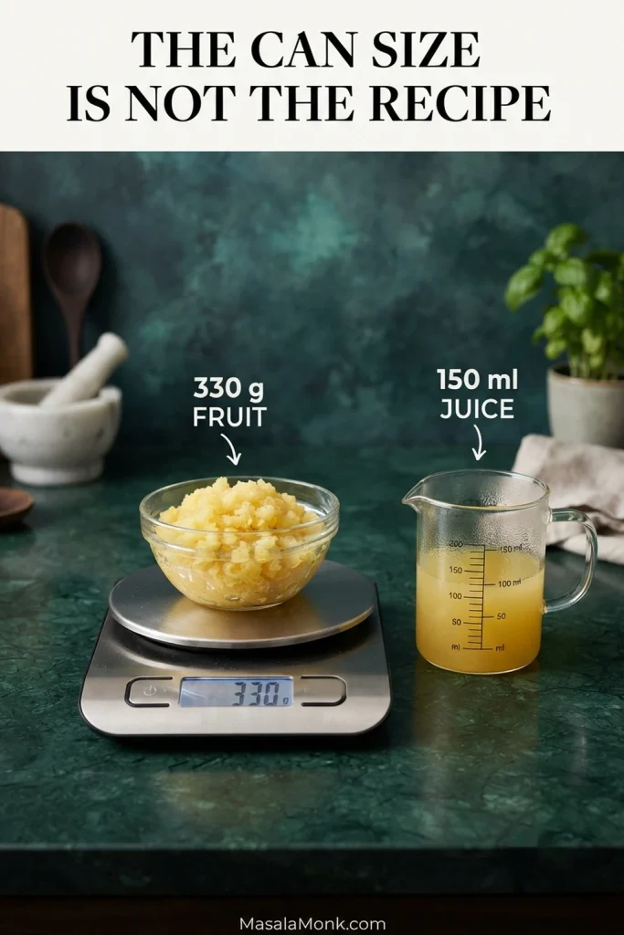 Measured drained crushed pineapple and pineapple juice displayed separately for the pineapple cake recipe.