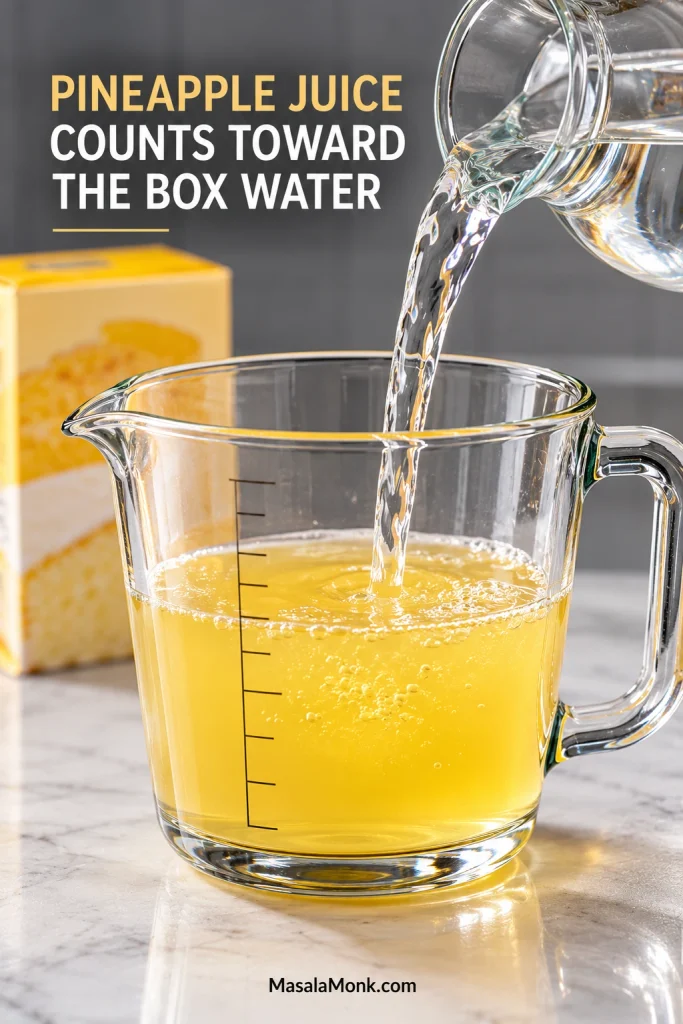 Clear measuring jug containing pineapple juice while water is poured in, with a cake-mix box nearby.