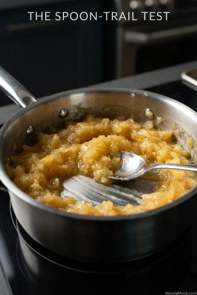 Thick crushed-pineapple topping in a saucepan with a spoon trail briefly exposing the metal bottom.