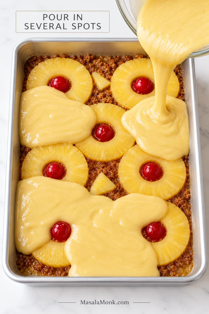 Yellow cake batter being poured into several areas over pineapple rings and brown sugar in a rectangular metal baking pan.