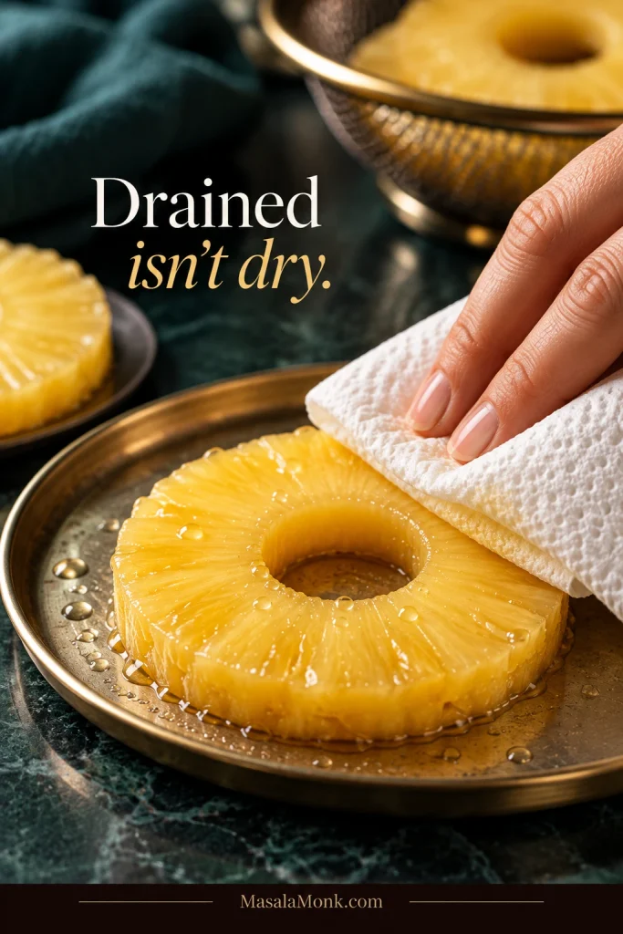 A hand presses a paper towel against a pineapple ring to remove visible beads of surface juice.