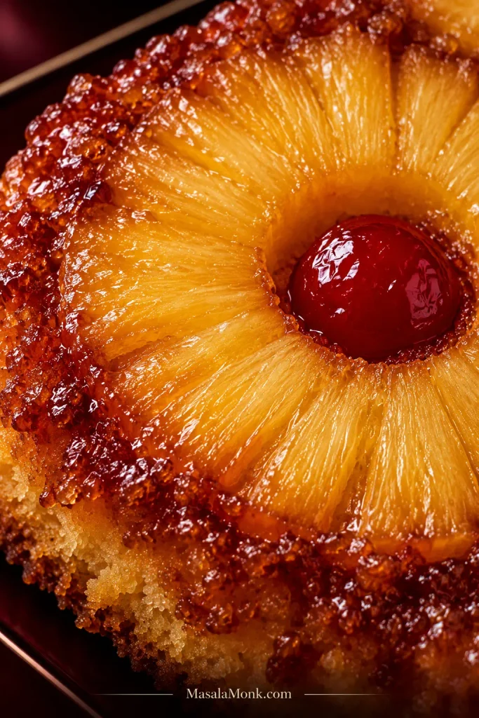 Close-up of a pineapple ring and maraschino cherry on cake, with amber caramel gathered around the fruit and visible pineapple fibers.