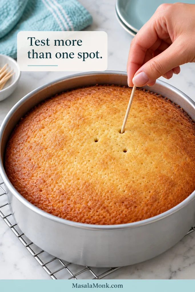 A hand inserts a cake tester into several nearby spots around the center of a plain golden cake in a metal pan.