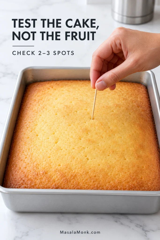 Baked yellow cake in a rectangular metal pan while a thin tester is inserted near the center before the cake is inverted.