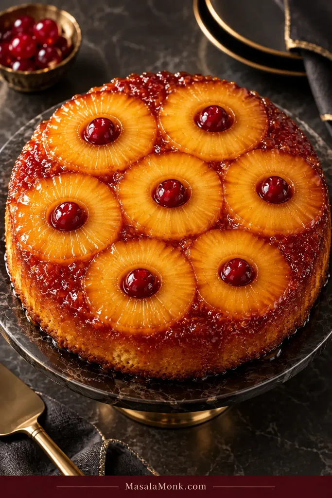 Whole pineapple upside-down cake with seven glossy pineapple rings, red cherries and amber caramel between the fruit.