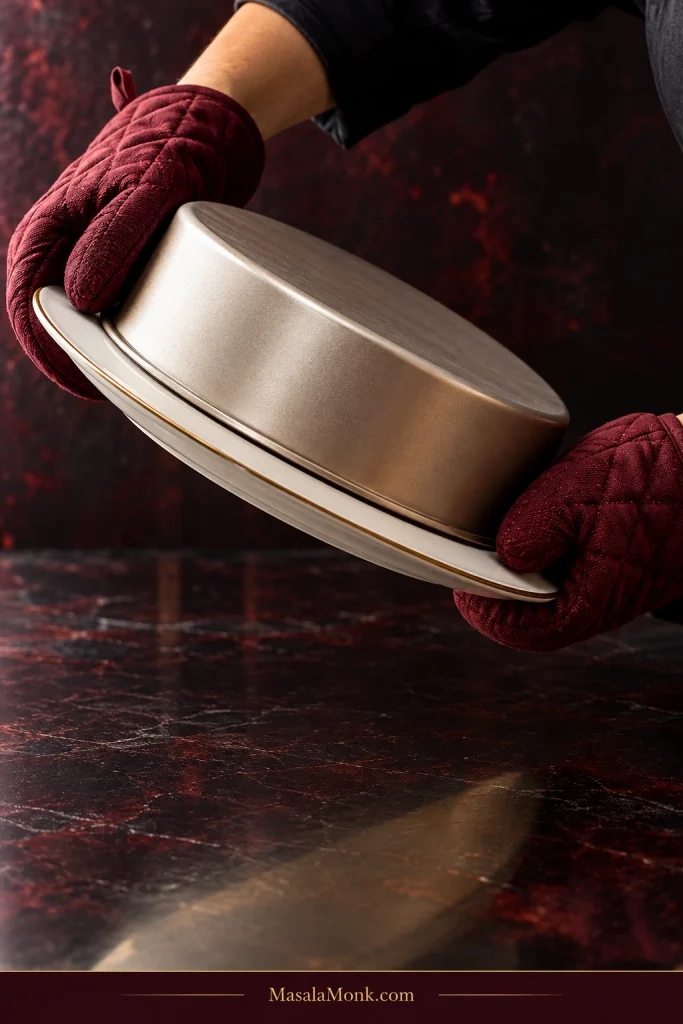 Two oven-mitted hands hold a round metal cake pan tightly against a flat serving platter while turning them together.