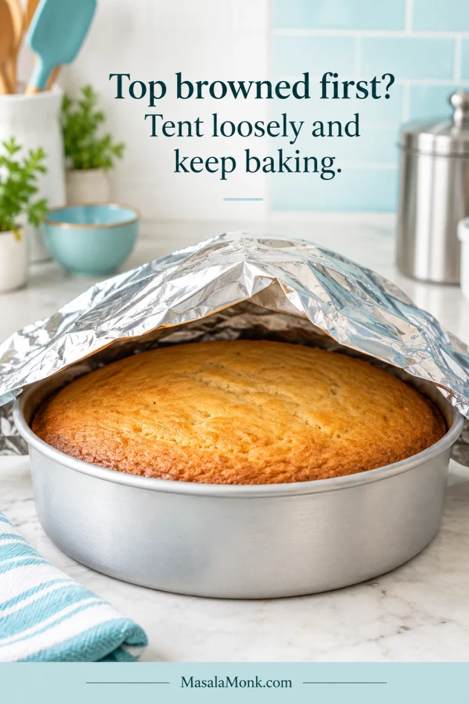 Loose aluminum foil arches over the plain golden top of a cake still inside its round metal baking pan.