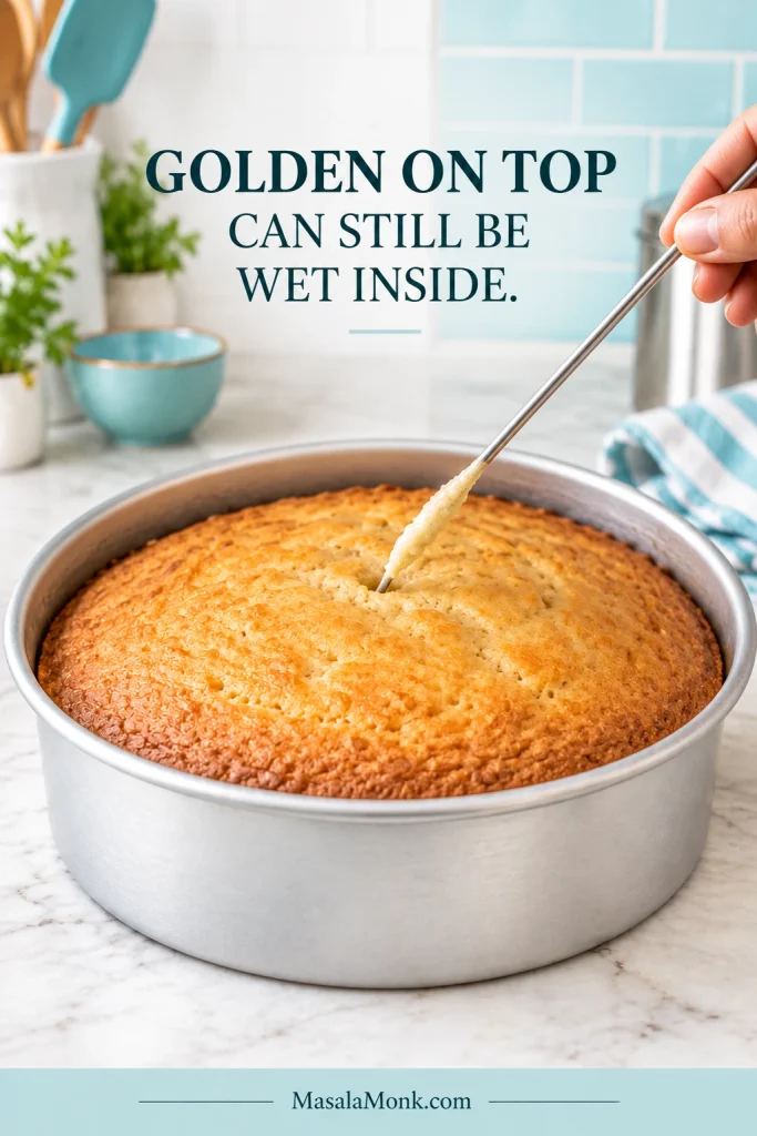 Cake tester pulled from the center of a golden cake in a metal pan with shiny wet batter clinging to its tip.