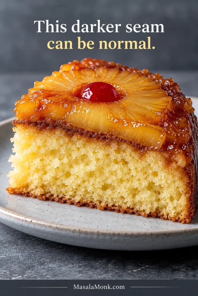 Close-up of a cake slice with pineapple on top, a thin darker moist seam directly beneath it and open golden crumb below.
