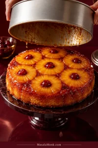 Hands lift a round metal pan straight above a freshly inverted pineapple upside-down cake topped with glossy pineapple rings and red cherries.