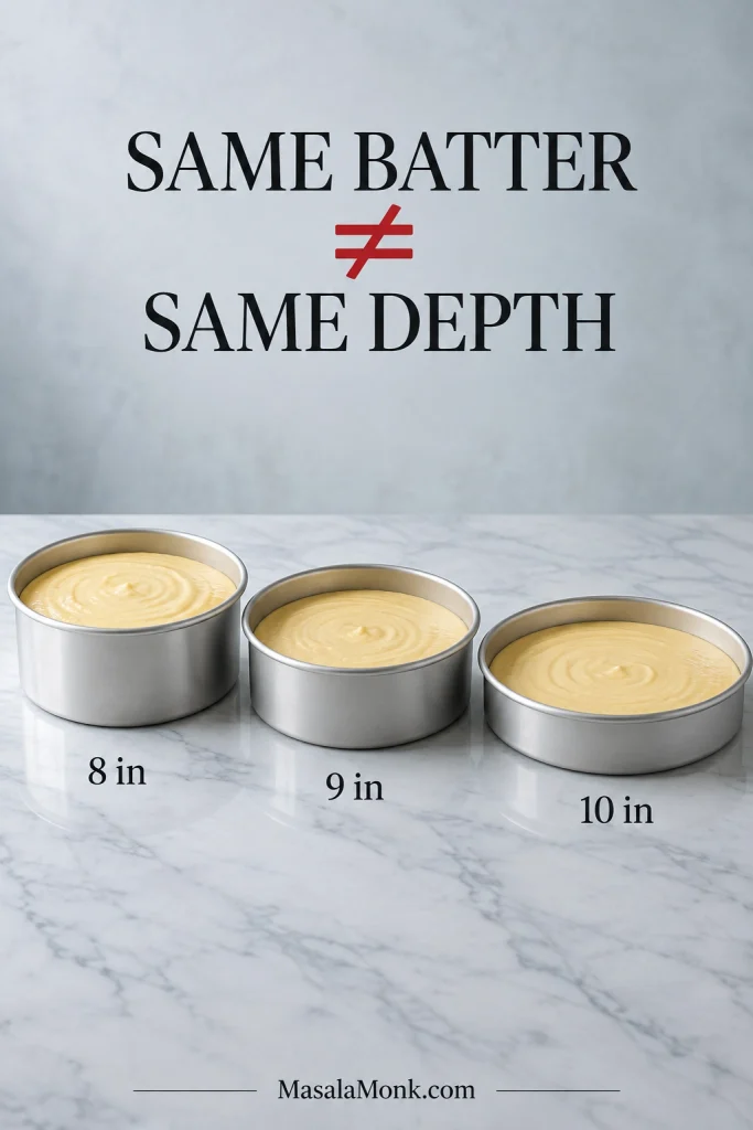 Three round metal pans labeled 8, 9 and 10 inches show the same batter at progressively shallower depths.