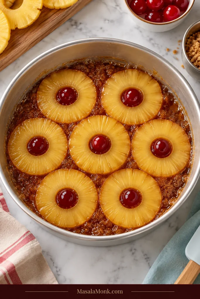 Seven pineapple rings with red cherries are arranged in a round metal pan, with one ring in the center and six around it.