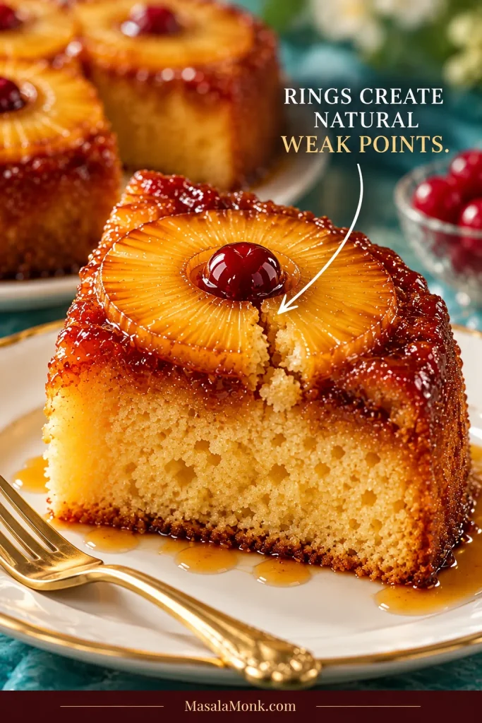 Close-up of a baked cake slice with a small crack starting beneath the edge of a pineapple ring.