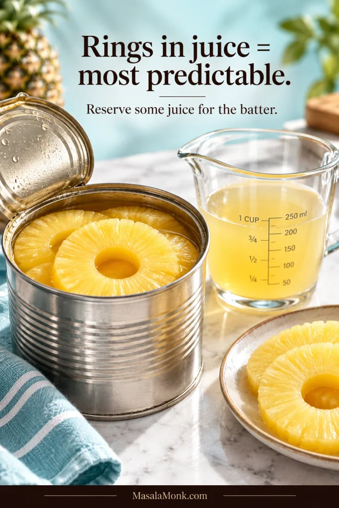 Open can of pineapple rings in juice beside drained rings and a clear measuring jug containing reserved pineapple juice.