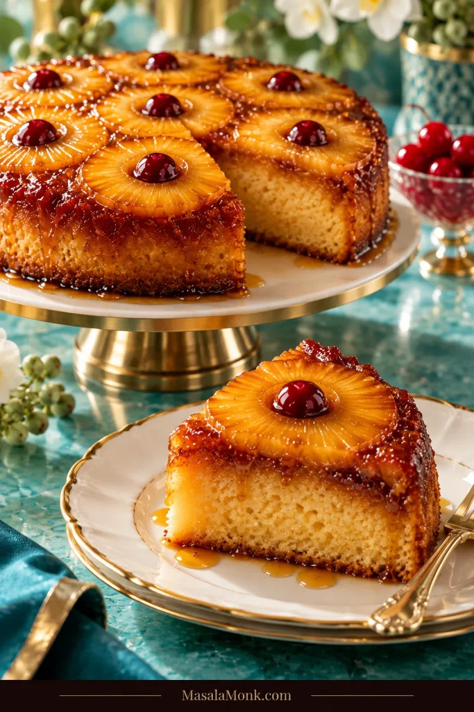 Slice of pineapple upside-down cake showing caramelized pineapple, a narrow darker seam and structured golden cake crumb.